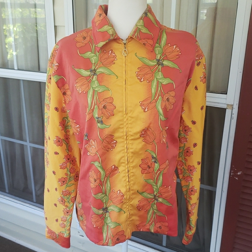 St JOHN SPORT‎ Floral Zip-Up Jacket in Orange and Yellow Floral Art To Wear